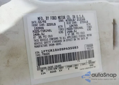 1995 Ford Ranger z USA, uszkodzony, nr VIN 1FTCR10A0SPA35083